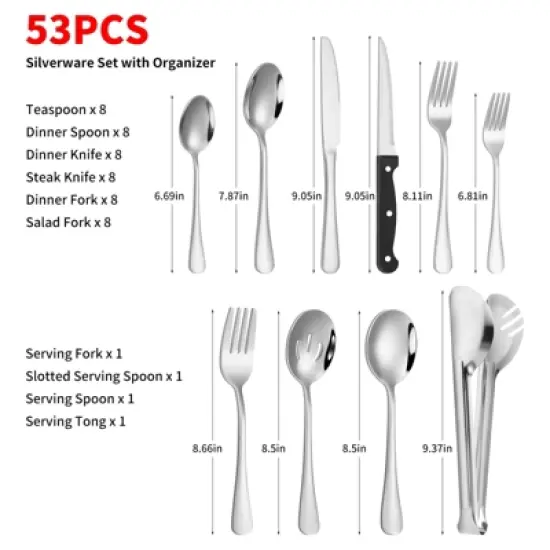 Itopfox 53-Piece Stainless Steel Flatware Set for 8 with Drawer Organizer, Includes Spoons, Forks, Steak Knives & Serving Utensils, Mirror Polished image {3}