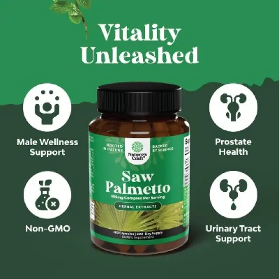 Saw Palmetto Capsules, Advanced Hair Health and Urinary Support with Plant Sterols & Flavonoids, Nature's Craft, 200 ct image {2}