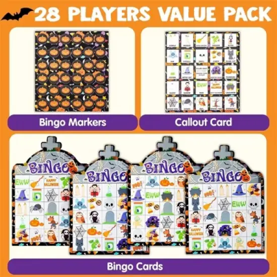 Joyfy 28 Players Halloween Bingo Game Cards, Halloween Party Favors Adults Kids Indoor Card Games for Classroom School Family Group Activities image {1}