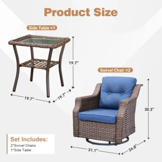 Buenhomino 3-Piece Outdoor Wicker Swivel Rocker Chair Set with Side Table, All-Weather PE Rattan Glider Chairs with Cushions for Patio or Deck image {3}
