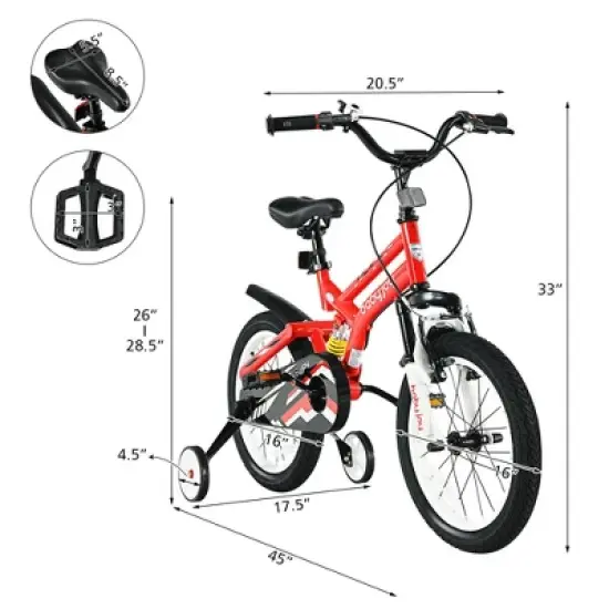 Costway 16'' Kids Bike Toddlers Adjustable Freestyle Bicycle w/ Training Wheels image {1}