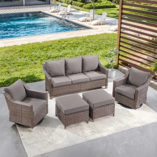 Belord 4 Pieces Rattan Patio Furniture Set, Patio Sofa Set with Patio Swivel Chair and Ottoman, Brown Wicker Furniture Ideas for Porch Deck image {13}