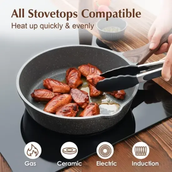 Itopfox Nonstick Skillet with Lid, Deep Frying Pan, Saute Pan, Stay-cool Handle, Healthy Stone Cookware, Induction Compatible image {3}