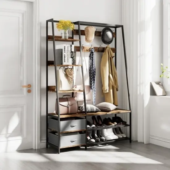 Tangkula 6-in-1 Freestanding Hall Tree Coat Rack w/ Bench & Fabric Dressers Rustic Brown image {2}