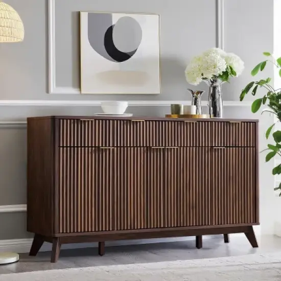 60" Buffet Sideboard Cabinet, Fluted Coffee Bar Table with 3 Drawers & 4 Doors, Modern Sideboard for Dining Room, Living Room image {8}
