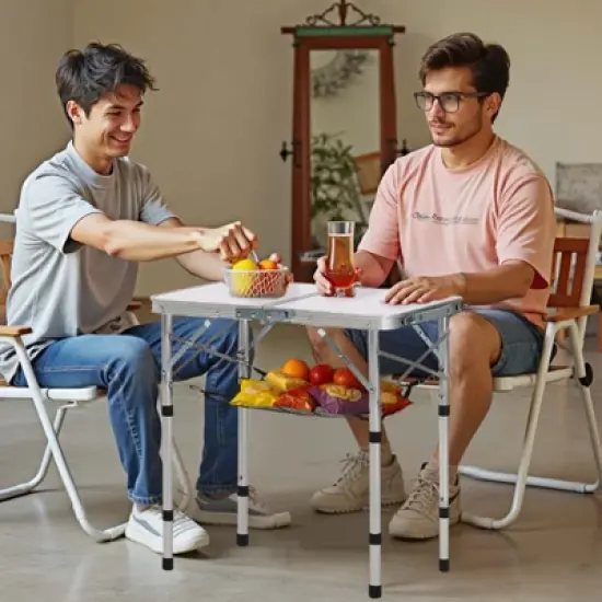 VEVOR Folding Camping Table, Adjustable Height Portable Side Tables, Aluminum MDF Beach Table with Mesh Layer, Carrying Handle, 24x16in, Silver image {1}