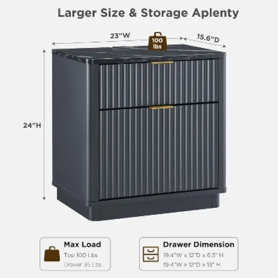 SinCiDo 23" Fluted Nightstand w/Charging Station, 2 Drawer Mid Century Modern End Table w/Storage for Bedroom & Living Room image {2}