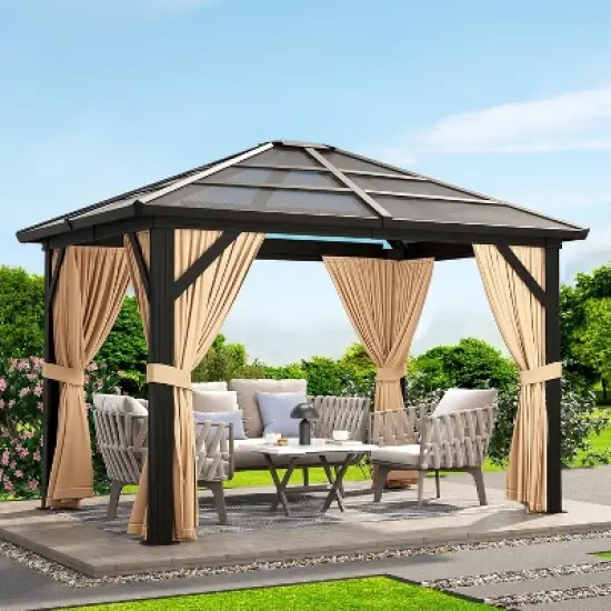 10x10 FT Hardtop Gazebo for Patio, Outdoor Polycarbonate Canopy with Aluminum Frame, Netting & Curtains, Permanent Garden Pavilion for Deck, Lawn image {6}