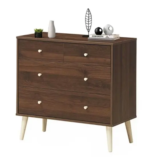 Costway 4-Drawer Dresser Chest Cabinet Storage Organizer Rubber Leg W/Rail Walnut Finish image {10}