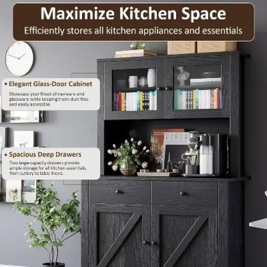 Freestanding Kitchen Pantry Cabinet with Drawers and Hutch, Adjustable Shelves and Microwave Stand, 63-Inch Tall Storage Unit for Dining Rooms image {3}