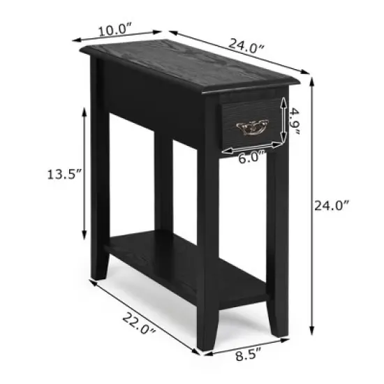 Costway 2 Tier End Bedside Sofa Side Table Narrow Nightstand w/Drawer &Shelf Black image {1}