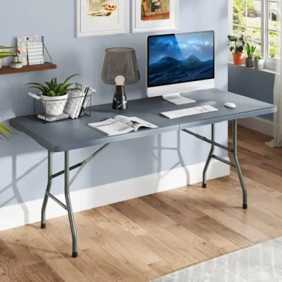 Tangkula 3 PCS Folding Picnic Table Set w/ 6 ft Table & 2 Benches HDPE Tabletop Bench Top Gray image {3}