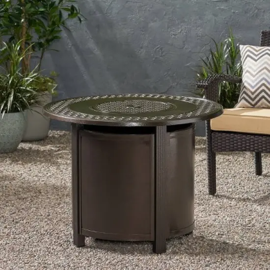 Ontario Outdoor Round Aluminum Fire Pit Hammered Bronze - Christopher Knight Home image {2}
