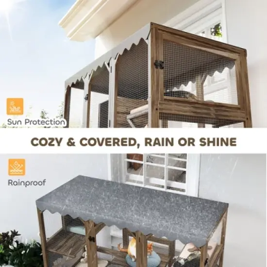 PawHut Catio Outdoor Cat Enclosure, Wooden Cat House with Window Access, 5 Platforms and 2 Resting Boxes, Waterproof Roof for Multiple Cats, Brown image {5}
