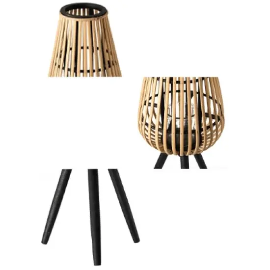 Vintiquewise Indoor and Outdoor Modern Natural Bamboo Decorative Lantern with Black Stand and Glass Candle Holder image {2}