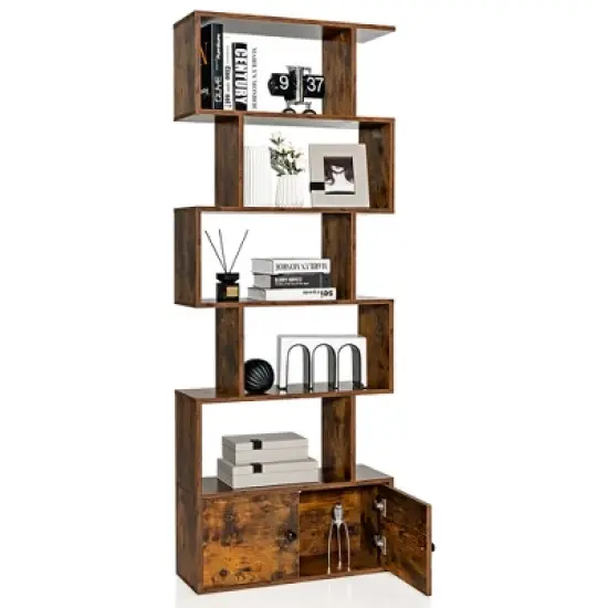 Costway 1 PC Bookshelf w/Cabinet 6-Tier S-Shaped Bookcase Storage Rack Rustic Brown\White image {10}