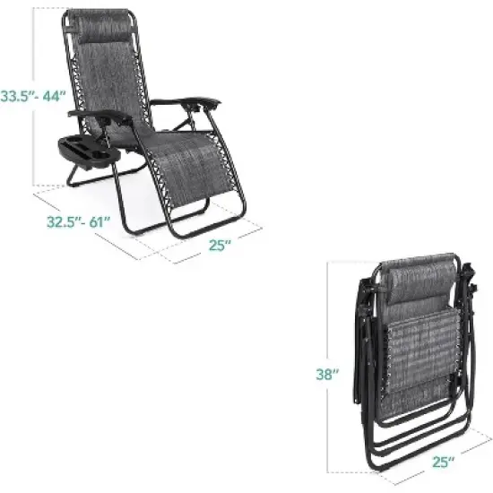 KTMBDW Set of 2 Adjustable Steel Mesh Zero Gravity Lounge Chair Recliners w/Pillows and Cup Holder Trays for Deck, Patio, Beach, Yard image {6}