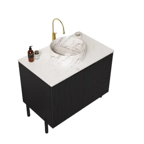 Dolonm 30" Freestanding Bathroom Vanity with White Ceramic Sink, Carrara Marble Countertop and Soft Close Cabinet Storage image {3}