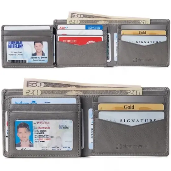 Alpine Swiss RFID Protected Mens Spencer Leather Wallet Bifold 2 ID Windows Divided Bill Section Comes in Gift Box image {9}