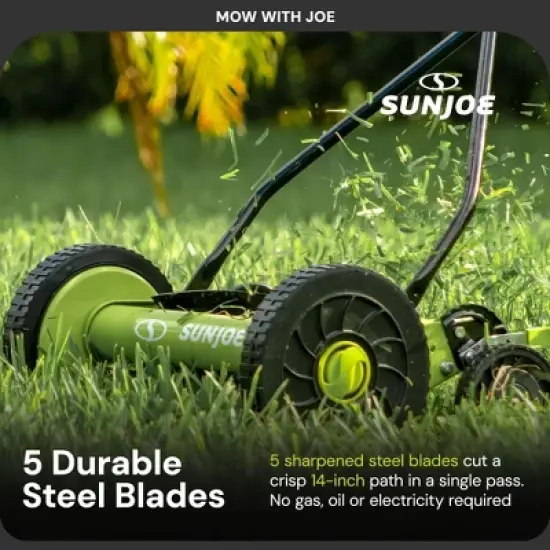 Sun Joe Cordless, Manual Push Reel Lawn Mower, Green &ndash; Grass Trimmer, 14 Inch Quad Wheels, Steel Design, and 9 Adjustable Positions, MJ503M image {4}