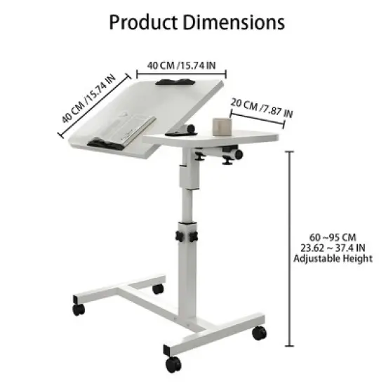 Overbed Table with Height Adjustable,   Over Bed Table Movable Rolling Bedside Table Standing with Wheels, Desk Table with 0-90 Degrees Tilting image {3}