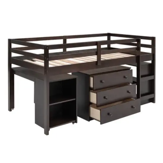 Low Twin Loft Bed with Cabinet and Rolling Portable Desk - ModernLuxe image {4}