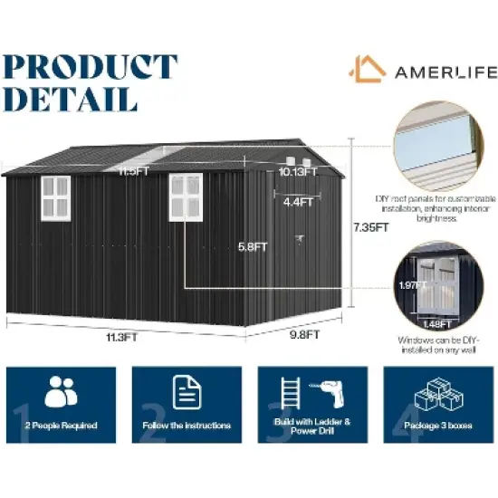 AMERLIFE 10.1x11.5x7.4 FT Galvanized Steel Storage Shed with 2 4-Pane Windows Hinged Double Doors image {1}