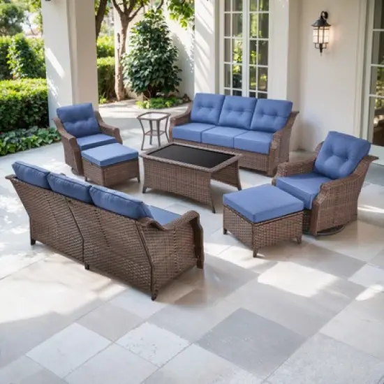 POCASSY 6 Inch Thick Cushion Patio Furniture Set with Swivel Glider Chairs, 8 Piece Patio Set with Brown Wicker Round Rattan and Olefin Cushion Cover image {16}