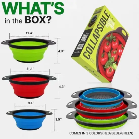 NutriChef Collapsible Strainer Set of 3 Round Silicone Kitchen Colander image {6}