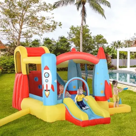 Outsunny 4-in-1 Kids Inflatable Bounce House Jumping Castle with 2 Slides, Climbing Wall, Trampoline, & Water Pool Area, Air Blower image {2}