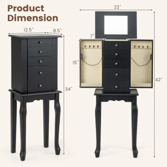 Tangkula Jewelry Cabinet Armoire Storage Box Chest Standing Organizer w/ Mirror image {7}