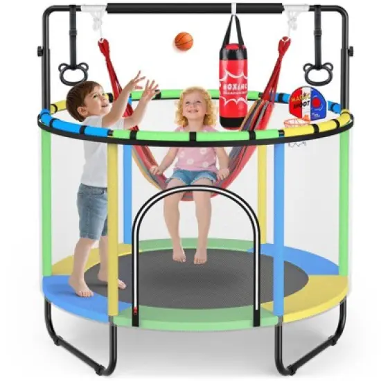 60'' Trampoline for Kids with Basketball Hoop & Safety Net, Swing, Rings, Gymnastic Bar, Indoor/Outdoor Toddler Trampoline, Birthday Gifts image {8}