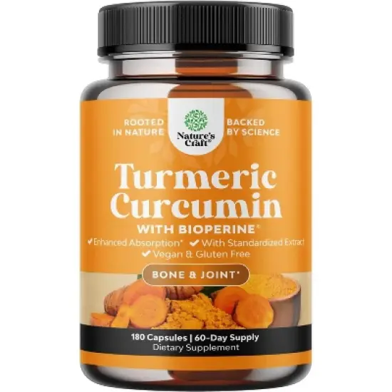 Turmeric Curcumin with Bioperine Capsules, Daily Joint Support Supplement with 95% Curcuminoids for Joint Health, Nature's Craft, 180ct image {6}