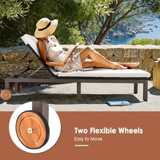 Tangkula 2PCS Patio Adjustable Rattan Recliner Chaise Lounge Chair w/ Cushion Wheels image {3}
