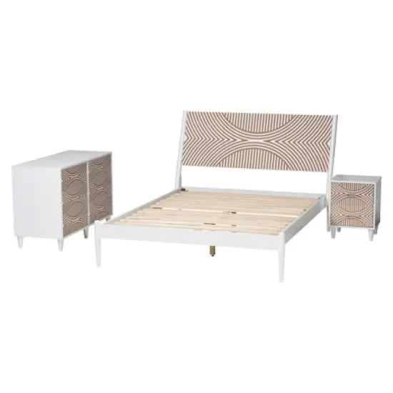 Baxton Studio Queen 3pc Louetta Carved Contrasting Bedroom Set White/Natural Brown image {2}