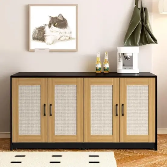 2  Cat Litter Box Cabinet, 47'' Hidden Litter Box Enclosure with Double Room, Wooden Cat House TV Stand Sideboard with 4 Sisal Doors image {1}