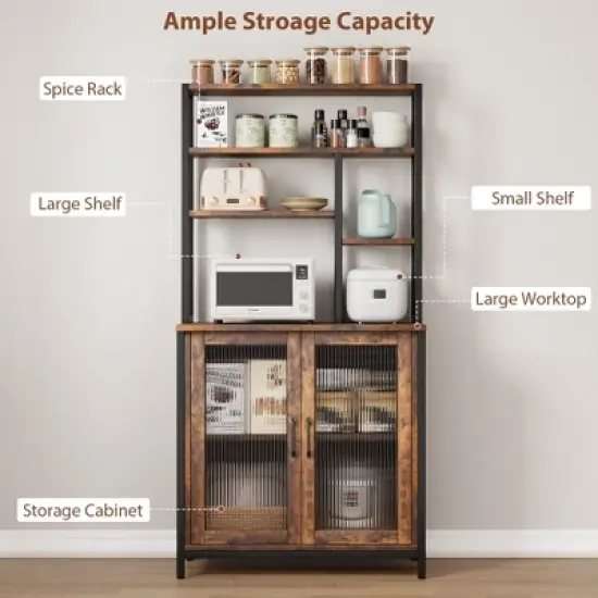 64.5" Kitchen Bakers Rack with Storage Cabinet, 5-Tier Microwave Stand with Fluted Glass Doors, Freestanding Industrial Coffee Bar Station, Retro image {1}