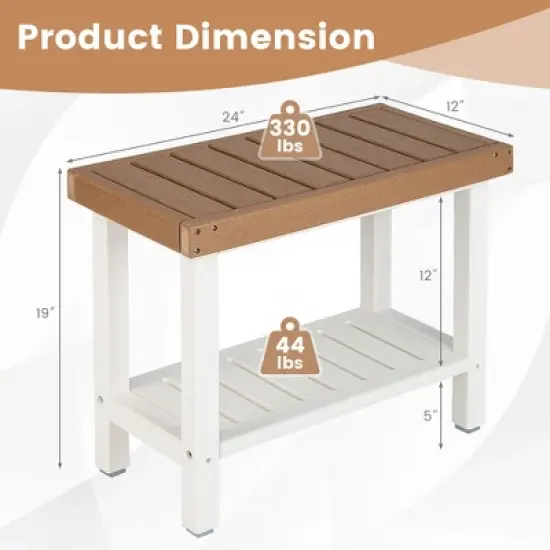Costway 24'' x 12'' Heavy Duty Waterproof HDPE Shower Bench Stool with Storage Shelf Off White & Brown image {2}