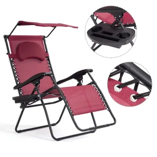 Costway Folding Recliner Zero Gravity Lounge Chair W/ Shade Canopy Cup Holder Wine image {6}