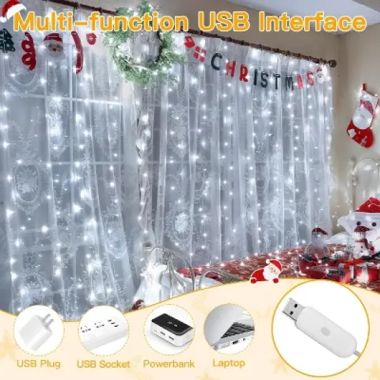 Ollny 200 LED Cool White Curtain Lights (Clear Cable, USB, 8 Modes, IP44 Waterproof) image {6}
