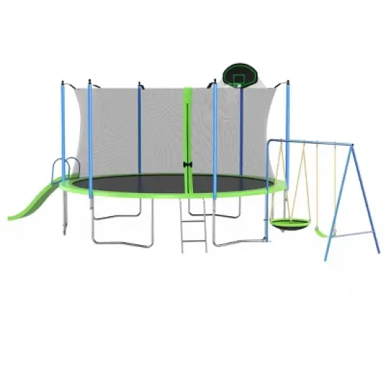 JOYRACER 12FT Trampoline with Slide, Swings, Basketball Hoop & Ladder, Outdoor Large Backyard Recreational Trampoline with Net for Kids & Adults,Green image {14}