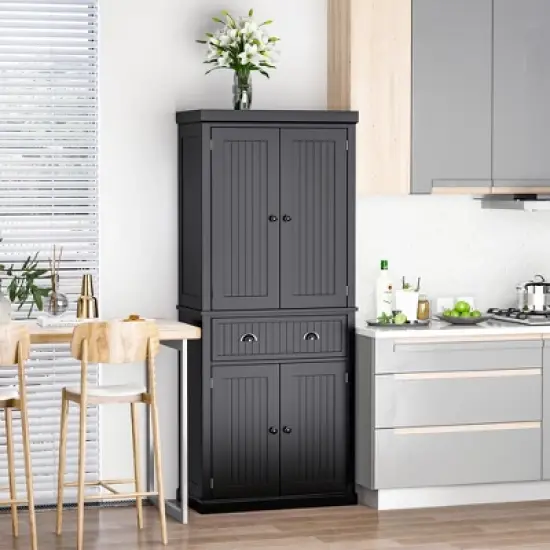 HOMCOM 72" Traditional Freestanding Kitchen Pantry Cabinet Cupboard with Doors and 3 Adjustable Shelves, Black image {2}