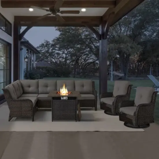 POCASSY 5PCS Outdoor Furniture Set with 30" Propane Fire Pit Table, Outdoor L Shaped Couch Set with All Weather Wicker Sectional Sofa and Swivel Chair image {14}