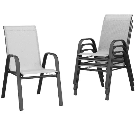 4 Set of Patio Stackable Chairs, Outdoor Stacking Dining Chairs, Leisure Recliner for Pools, Deck, Backyard, Grey Textile Metal Frame with armrests image {5}