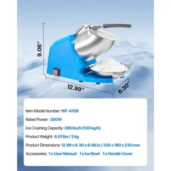 VEVOR Ice Crusher Machine, 286lbs Per Hour Electric 4 Blades Snow Cone Maker, Stainless Steel Shaved Ice Machine with Bowl and Cover, Blue image {7}