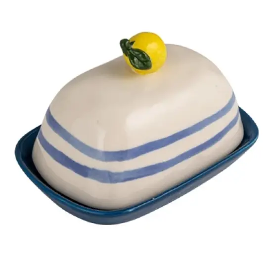 Storied Home Hand-Painted Stoneware Butter Dish with Lemon Shaped Handle and Stripes, Multicolor image {6}