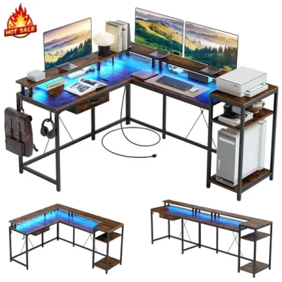 Whizmax L Shaped Gaming Desk,68" Computer Desk with Power Outlets&LED Lights,Home Office Desk with File Drawer,Corner Desk with Monitor Shelf and Hook image {9}