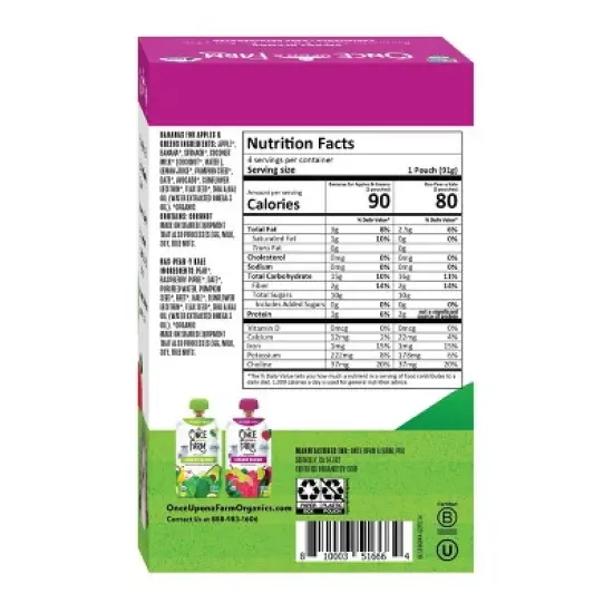 Once Upon a Farm Smart Blends Banana for Apples & Greens/Ras-Pear-y, Kale Organic Snack Pouch Multipack - 4pk/12.8oz image {2}