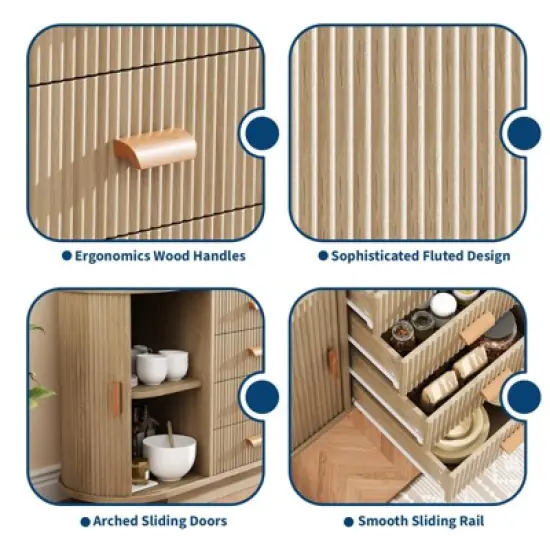 Modern Fluted Sideboard Buffet Cabinet with Storage, Wood Modern 47" Kitchen Storage Cabinet Buffet Table Coffee Bar with Doors image {4}