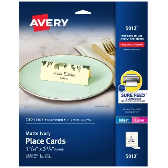 Avery Printable Tent Cards with Sure Feed Technology, 2" x 3.5", Ivory, 160 Blank Place Cards for Laser or Inkjet Printers (5913) image {8}